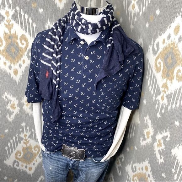 Vintage Polo Ralph Lauren 2003 Anchor-Print Polo Shirt - Navy & Off White Cotton - Picture 13 of 16